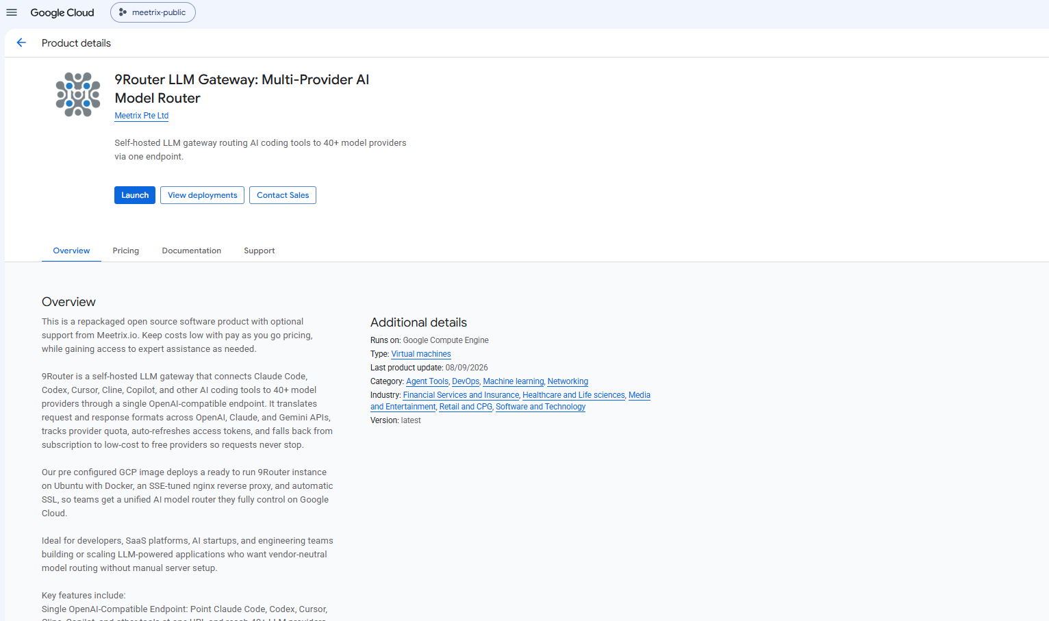 9Router LLM Gateway Multi-Provider AI Model Router product details page on GCP Marketplace by Meetrix Pte Ltd, showing the Launch button and the Overview tab with a description of routing AI coding tools to 40+ model providers