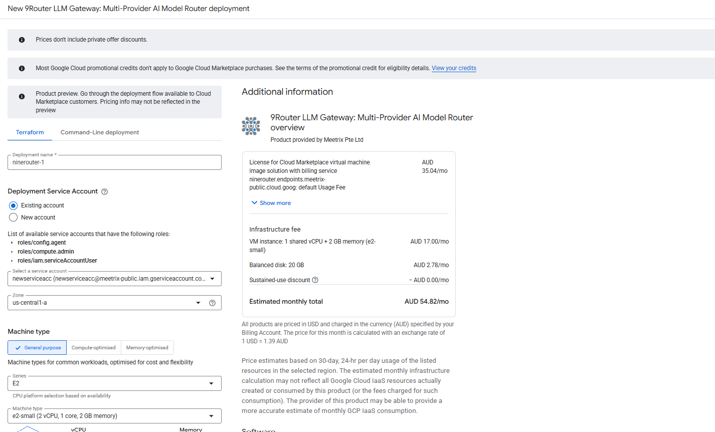 9Router GCP deployment configuration form showing the deployment name ninerouter-1, deployment service account, zone us-central1-a, and General purpose E2 e2-small machine type, with an estimated monthly cost panel on the right