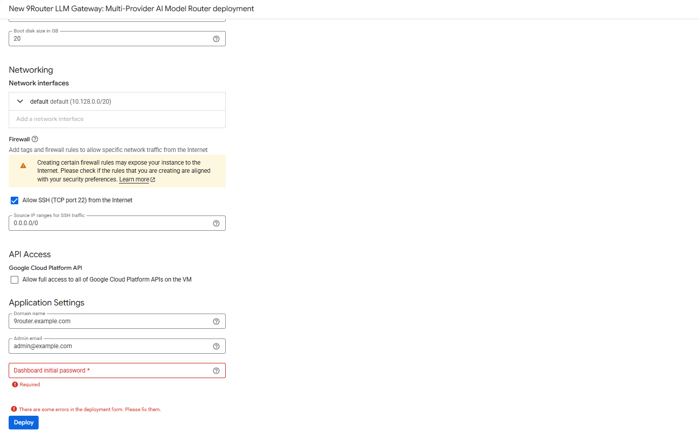 9Router GCP Application Settings form showing the Domain name field set to 9router.example.com, the Admin email field, and the required Dashboard initial password field above the Deploy button