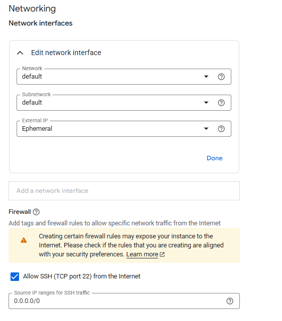 9Router GCP networking configuration with the Edit network interface panel showing Network default, Subnetwork default, and External IP set to Ephemeral, above the Allow SSH firewall rule