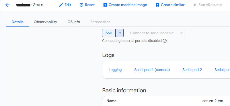 GCP VM instance details page with the SSH button and the Logs section for viewing serial console output