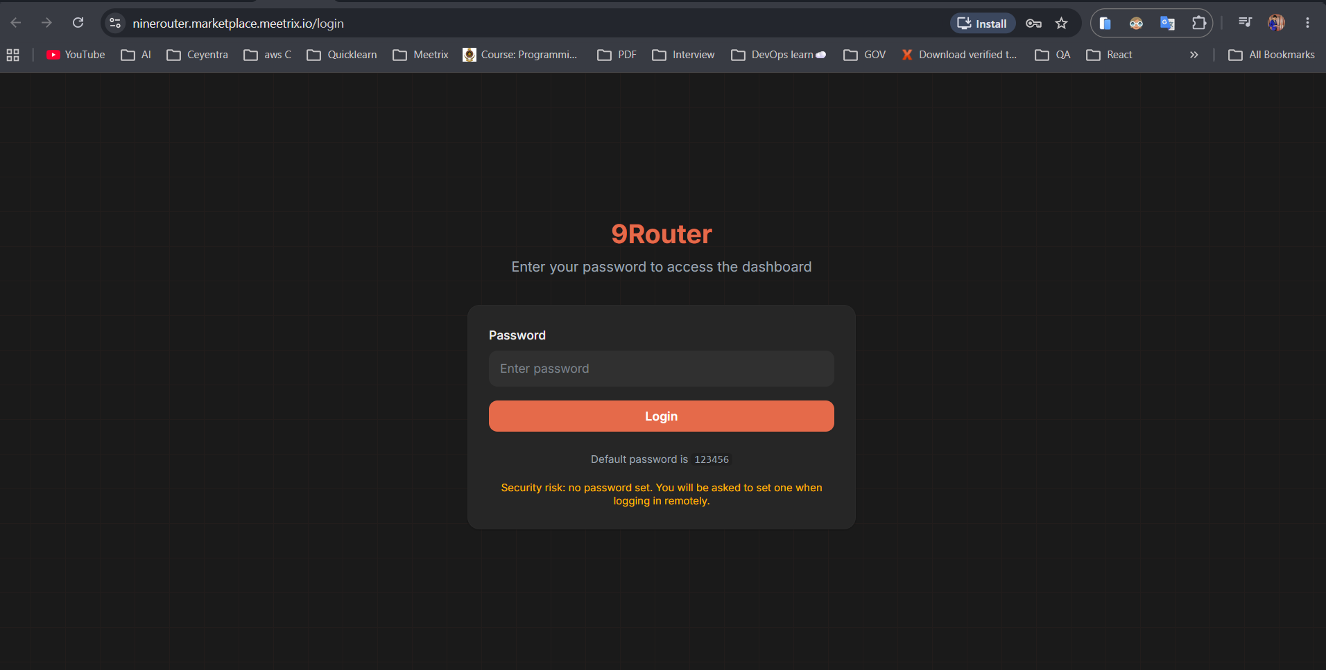 9Router dashboard login page on a dark background with a single password field, a Login button, and a note that the dashboard asks you to set a password when logging in remotely