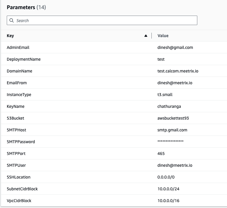 Reviewing CloudFormation stack parameters for Cal.com
