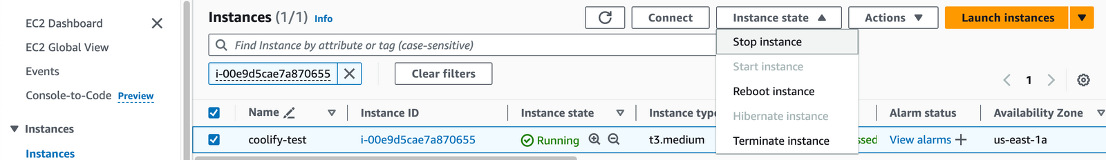 Stopping the Coolify EC2 instance