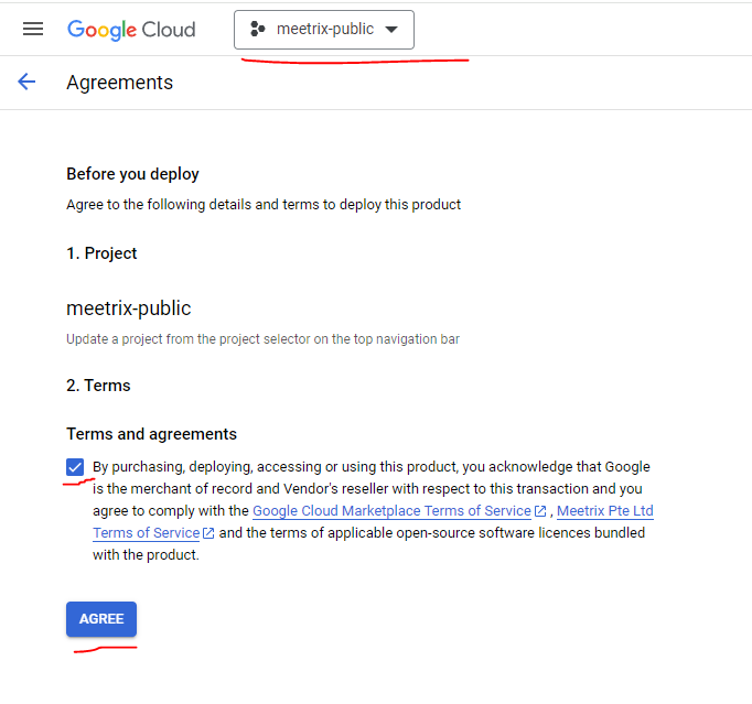 GCP Marketplace Agreements page with the terms and agreements checkbox and Agree button for the Hermes Agent deployment