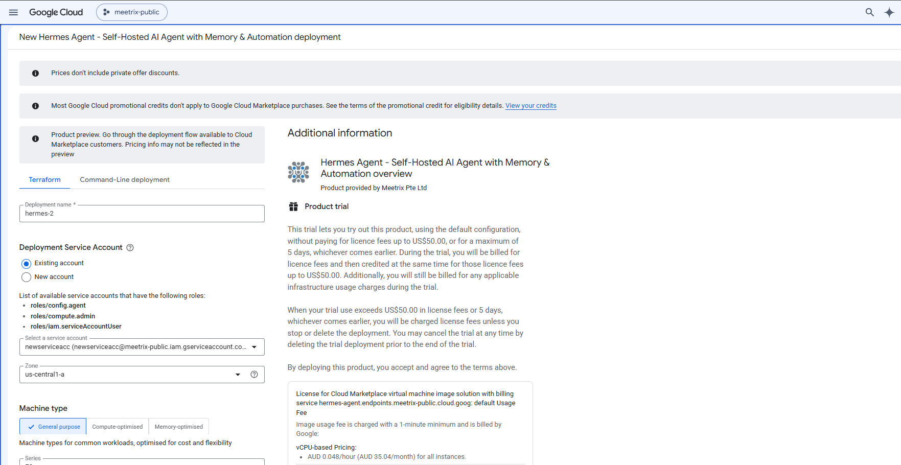 Hermes Agent GCP deployment configuration form showing deployment name, deployment service account, zone, and machine type settings