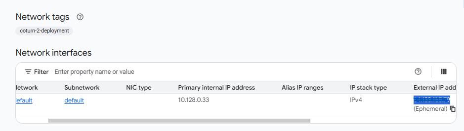 GCP VM instance details page showing the network interfaces table with internal and external IP addresses