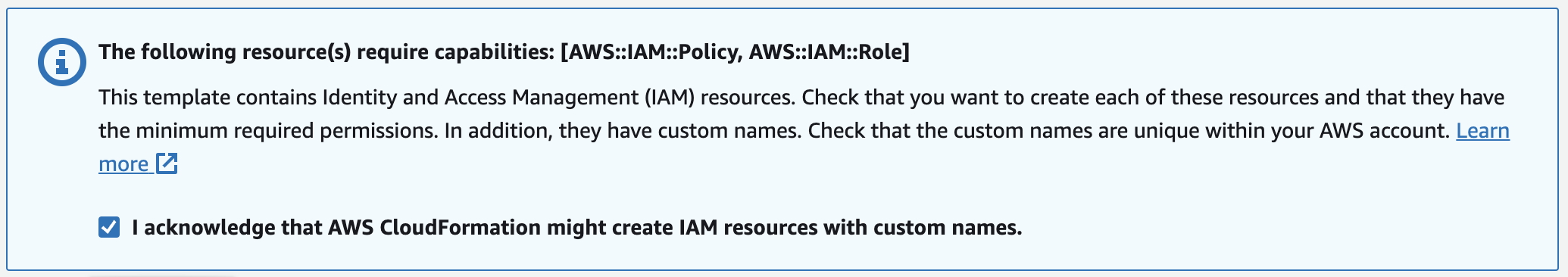 Acknowledge IAM resources checkbox for Fooocus CloudFormation stack