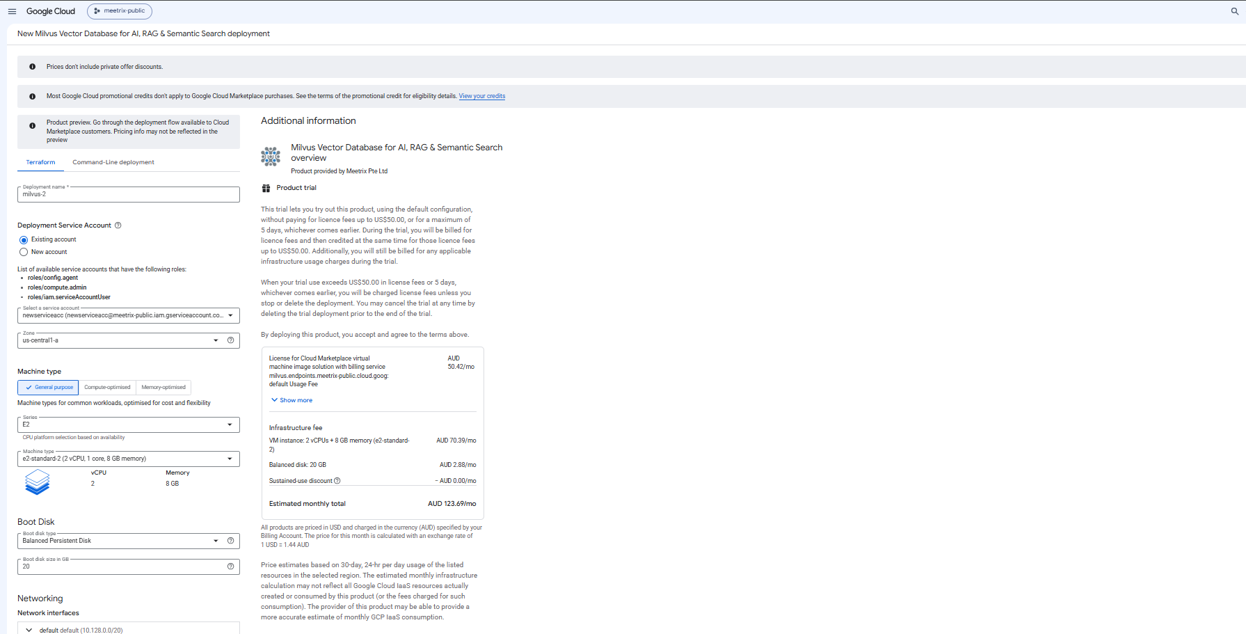 Milvus GCP deployment configuration form showing deployment name, service account, zone, machine type, and boot disk settings