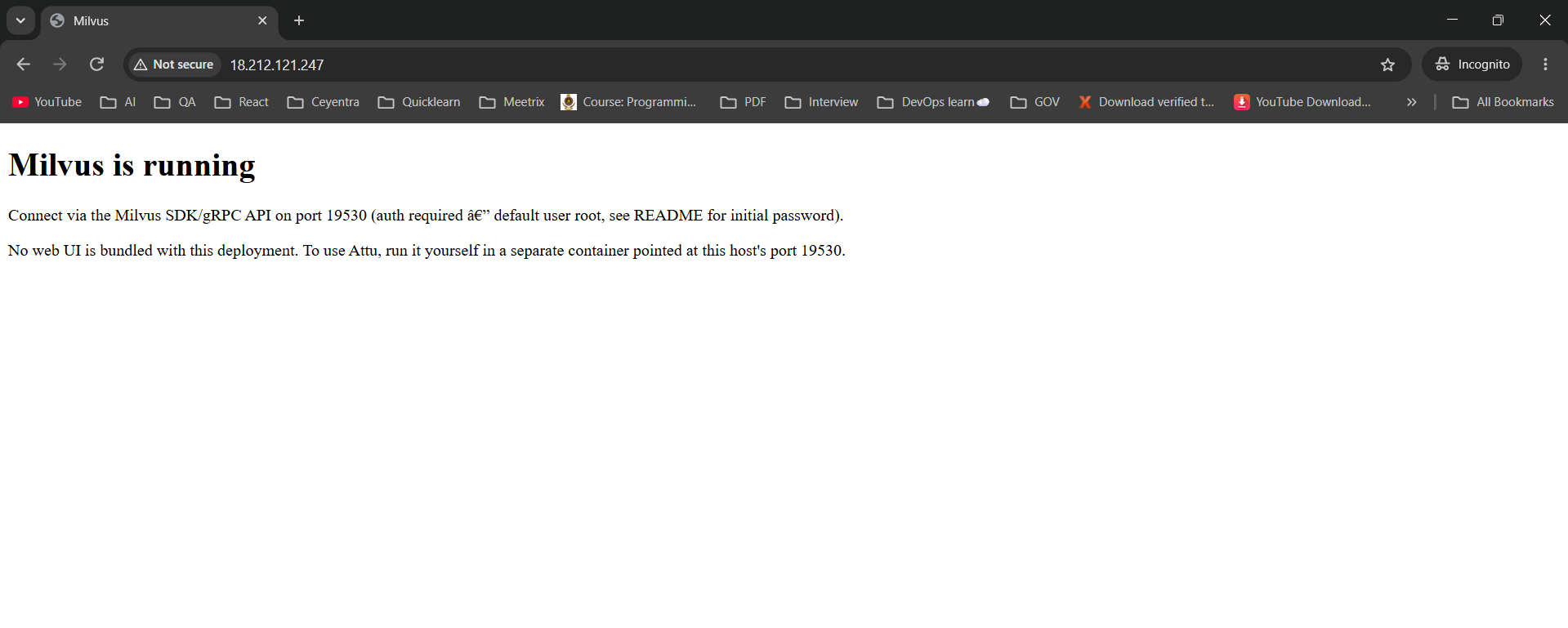 Milvus is running status page shown in the browser at the instance's public IP