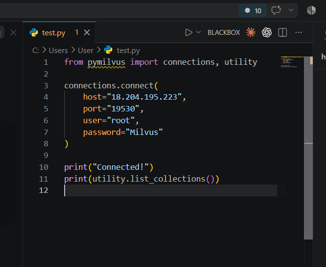 Python script connecting to a Milvus instance with pymilvus and listing collections