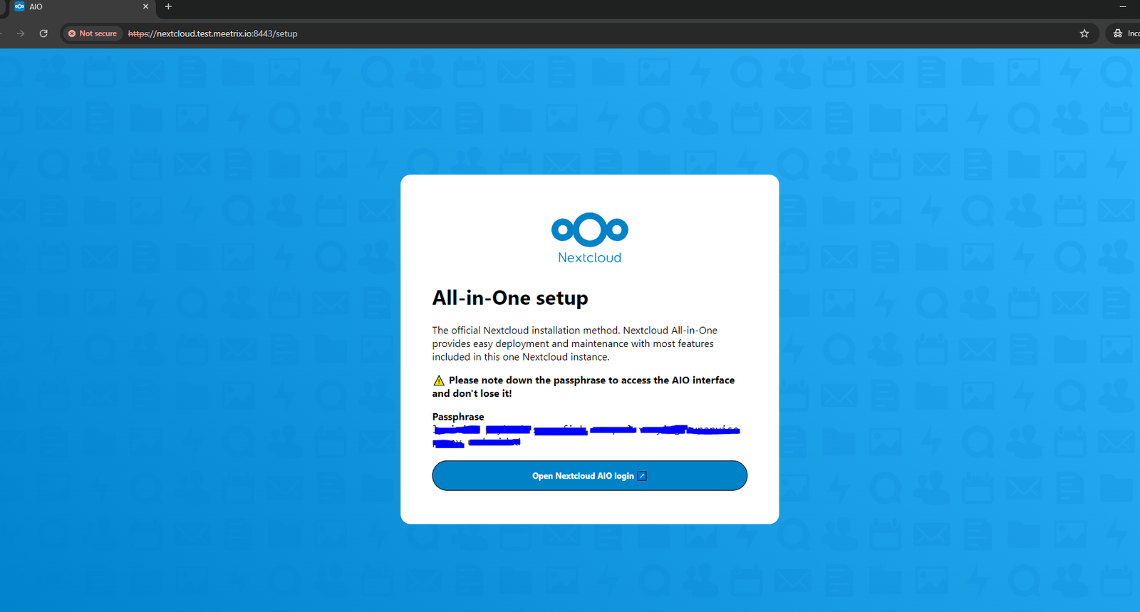 Nextcloud AIO initial page with passphrase