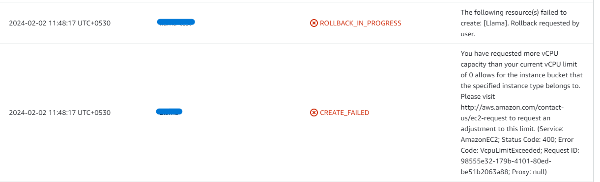 vCPU limit exceeded error in CloudFormation events