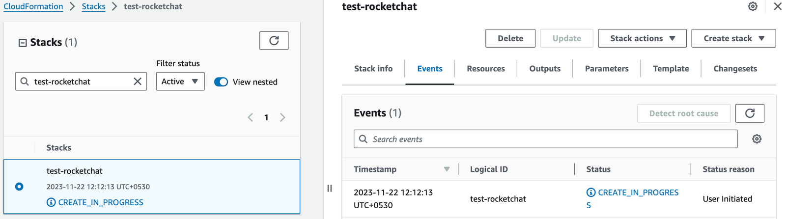 CloudFormation stacks page
