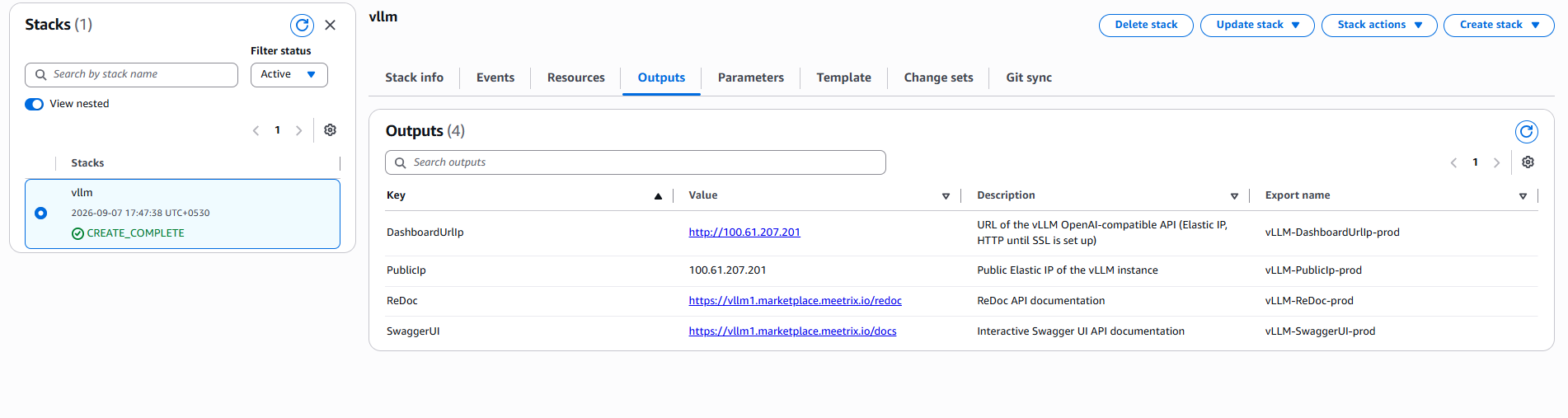 CloudFormation Outputs tab showing the DashboardUrlIp, PublicIp, ReDoc, and SwaggerUI values for the vLLM stack with a CREATE_COMPLETE status