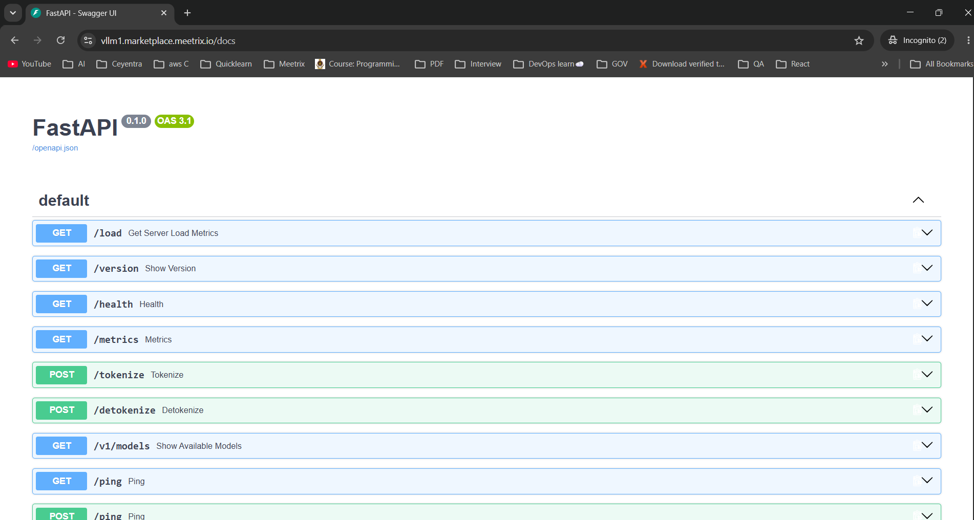 Swagger UI page for the vLLM server listing routes including GET /health, GET /metrics, POST /tokenize, POST /detokenize, and GET /v1/models