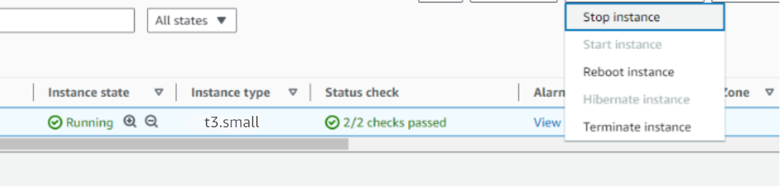 EC2 Instance state dropdown with the Stop instance option highlighted for the running vLLM instance