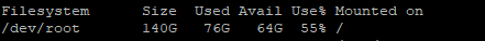 Terminal output of df -h showing the root volume at 55 percent used